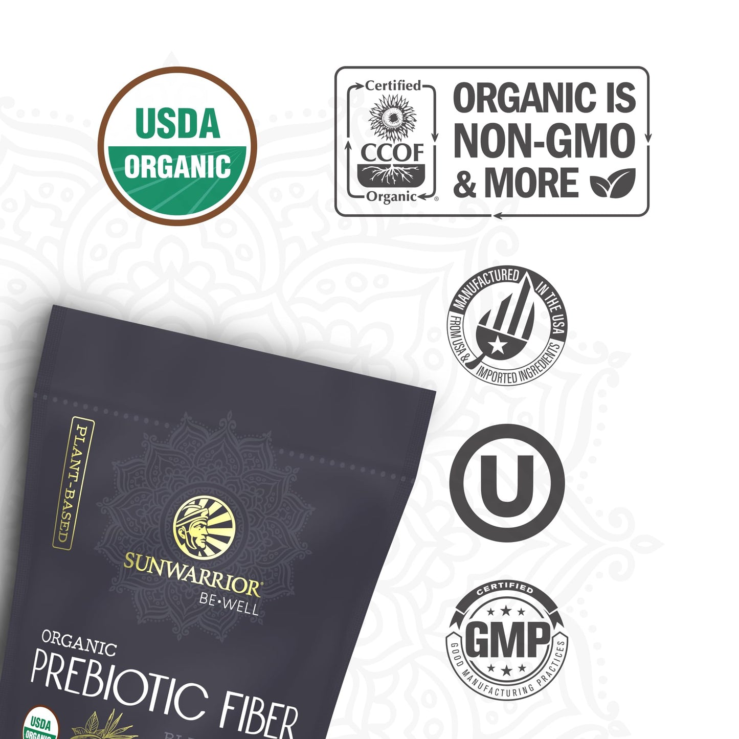 Sunwarrior Be Well Prebiotic Fiber Supplement - Organic Plant-Powered Gut Health (Vegan, Non-GMO) 8oz Pouch | 30 Servings