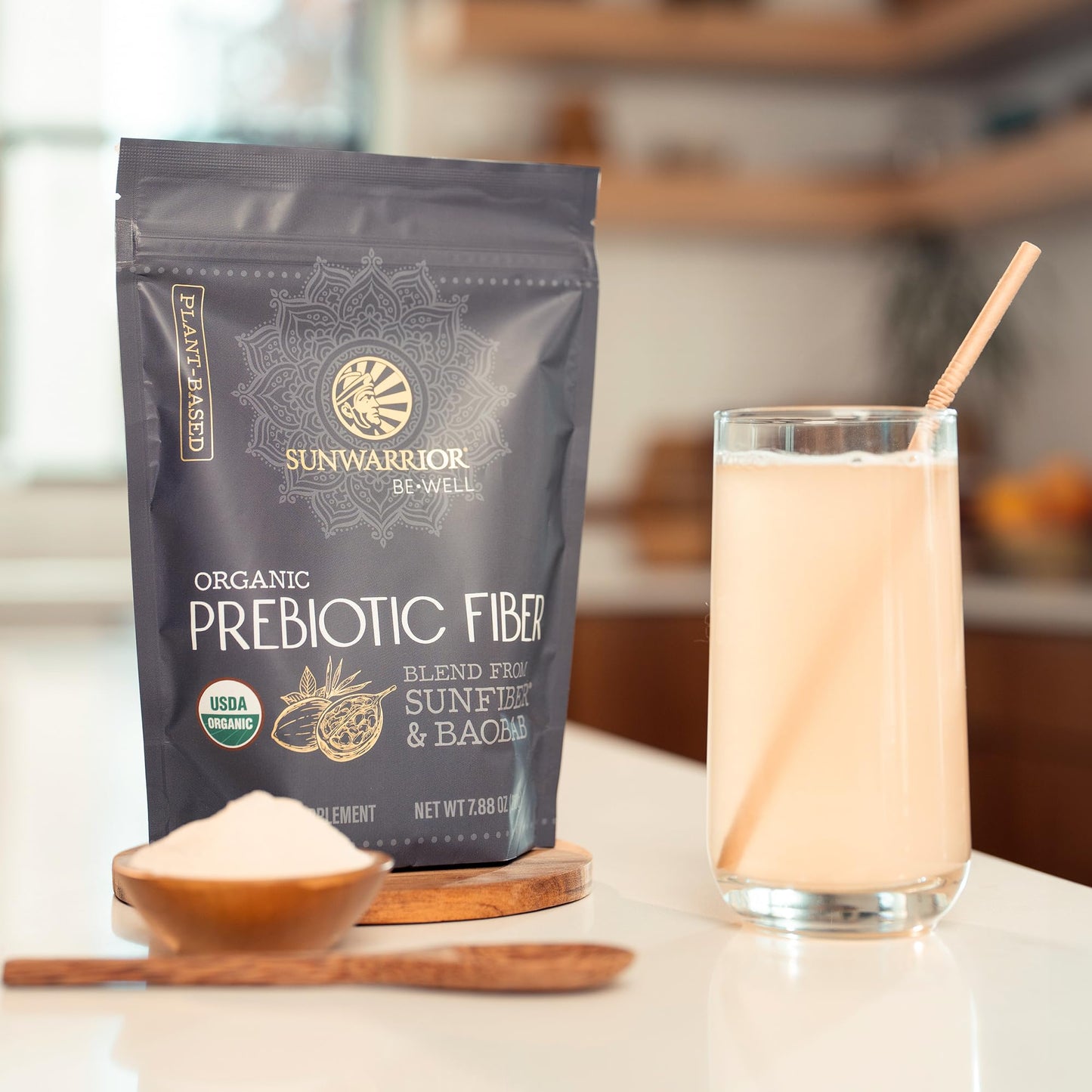 Sunwarrior Be Well Prebiotic Fiber Supplement - Organic Plant-Powered Gut Health (Vegan, Non-GMO) 8oz Pouch | 30 Servings