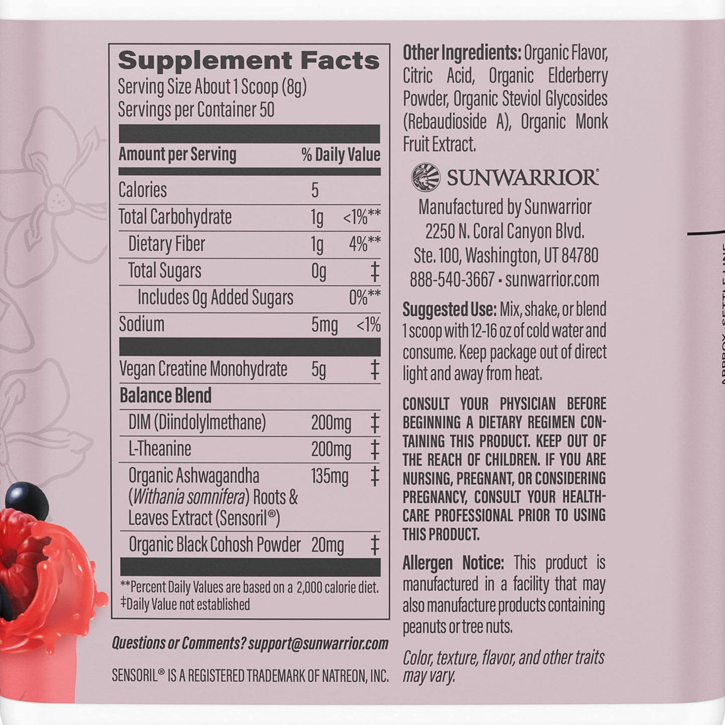 Sunwarrior Creatine for Women – Vegan Monohydrate Powder, Raspberry Lemonade (50 Servings)