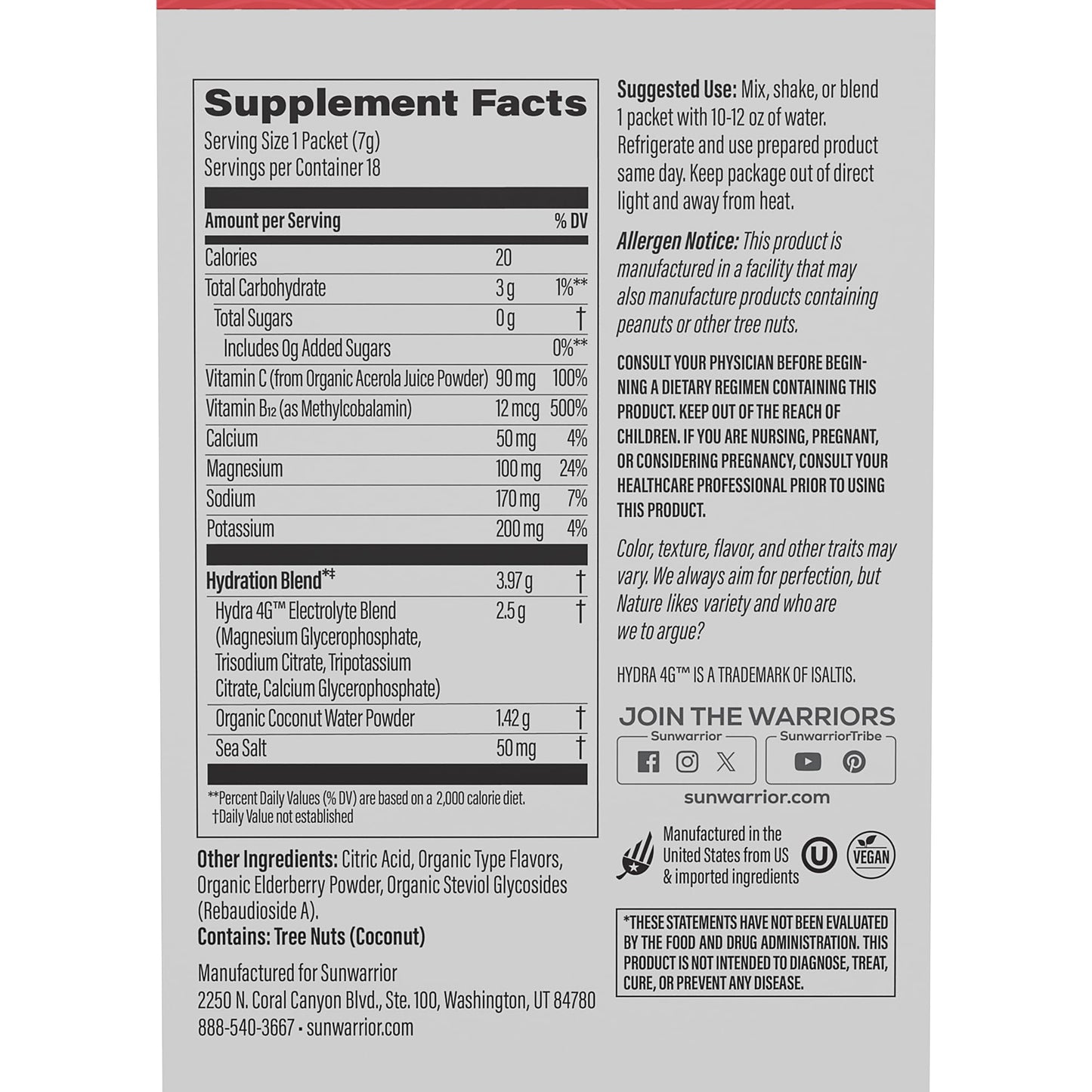 Sunwarrior Hydration Powder Electrolyte Packets Powder | Strawberry Colada Flavored | 18 Stick Packs 126g Pouch | Vegan and Plant-Based Sugar Free | B12 Elderberry and Electrolytes | Active Hydration