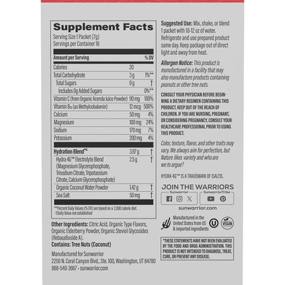 Sunwarrior Hydration Powder Electrolyte Packets Powder | Strawberry Colada Flavored | 18 Stick Packs 126g Pouch | Vegan and Plant-Based Sugar Free | B12 Elderberry and Electrolytes | Active Hydration