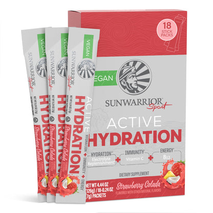 Sunwarrior Hydration Powder Electrolyte Packets Powder | Strawberry Colada Flavored | 18 Stick Packs 126g Pouch | Vegan and Plant-Based Sugar Free | B12 Elderberry and Electrolytes | Active Hydration