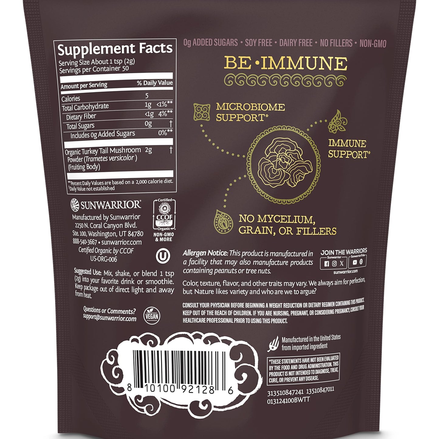 Sunwarrior Organic Turkey Tail Mushroom Powder | Immune Support & Gut Health | 100g Pouch