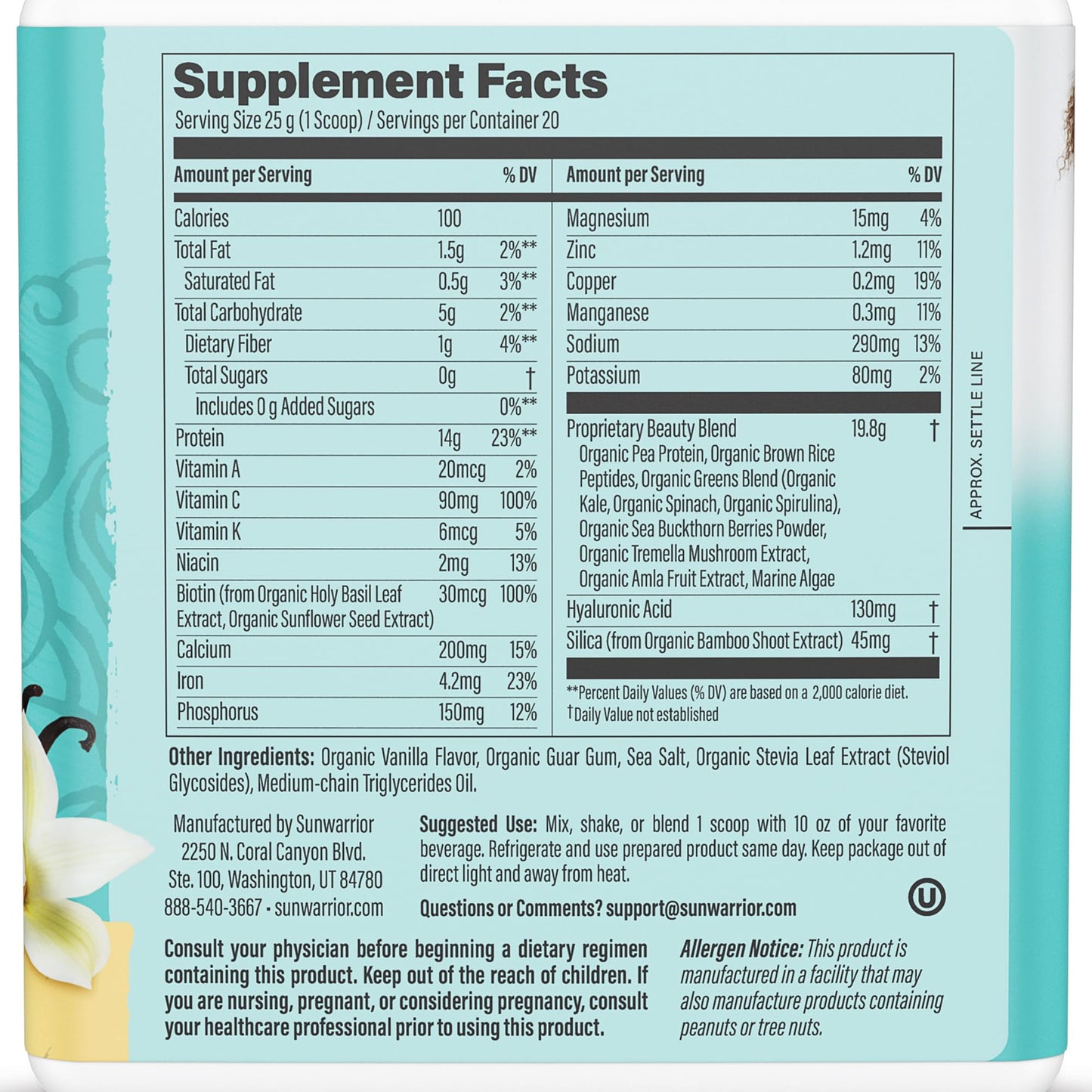 Vegan Collagen Protein Powder Plant-Based | Hyaluronic Acid & Biotin | Vanilla 20 Servings | Sunwarrior