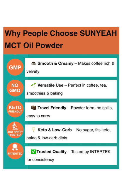 SUNYEAH MCT Powder - 70% MCT Oil Powder (C8/C10), Keto Coffee Creamer, 300 g, Unflavoured, Non-GMO