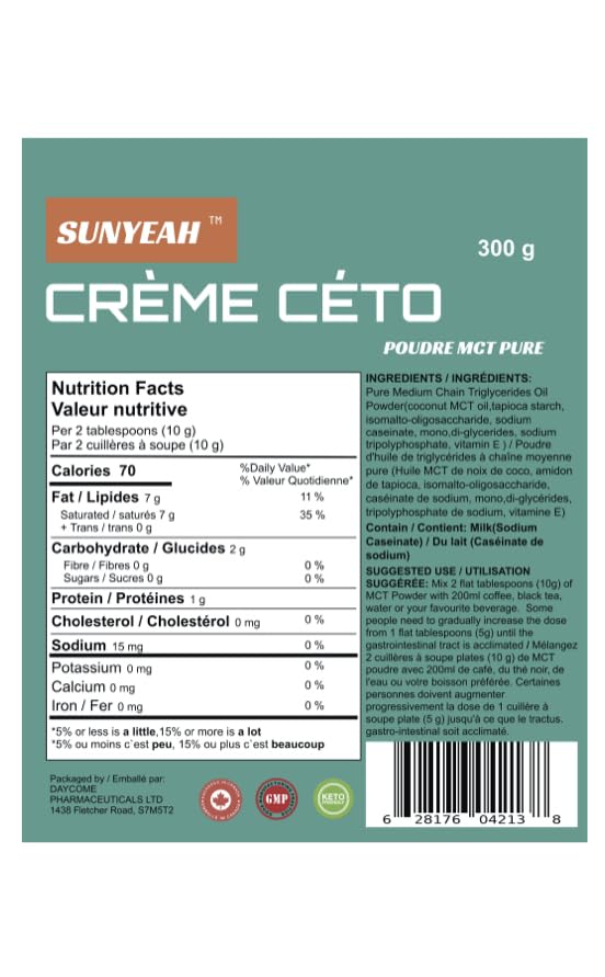 SUNYEAH MCT Powder - 70% MCT Oil Powder (C8/C10), Keto Coffee Creamer, 300 g, Unflavoured, Non-GMO