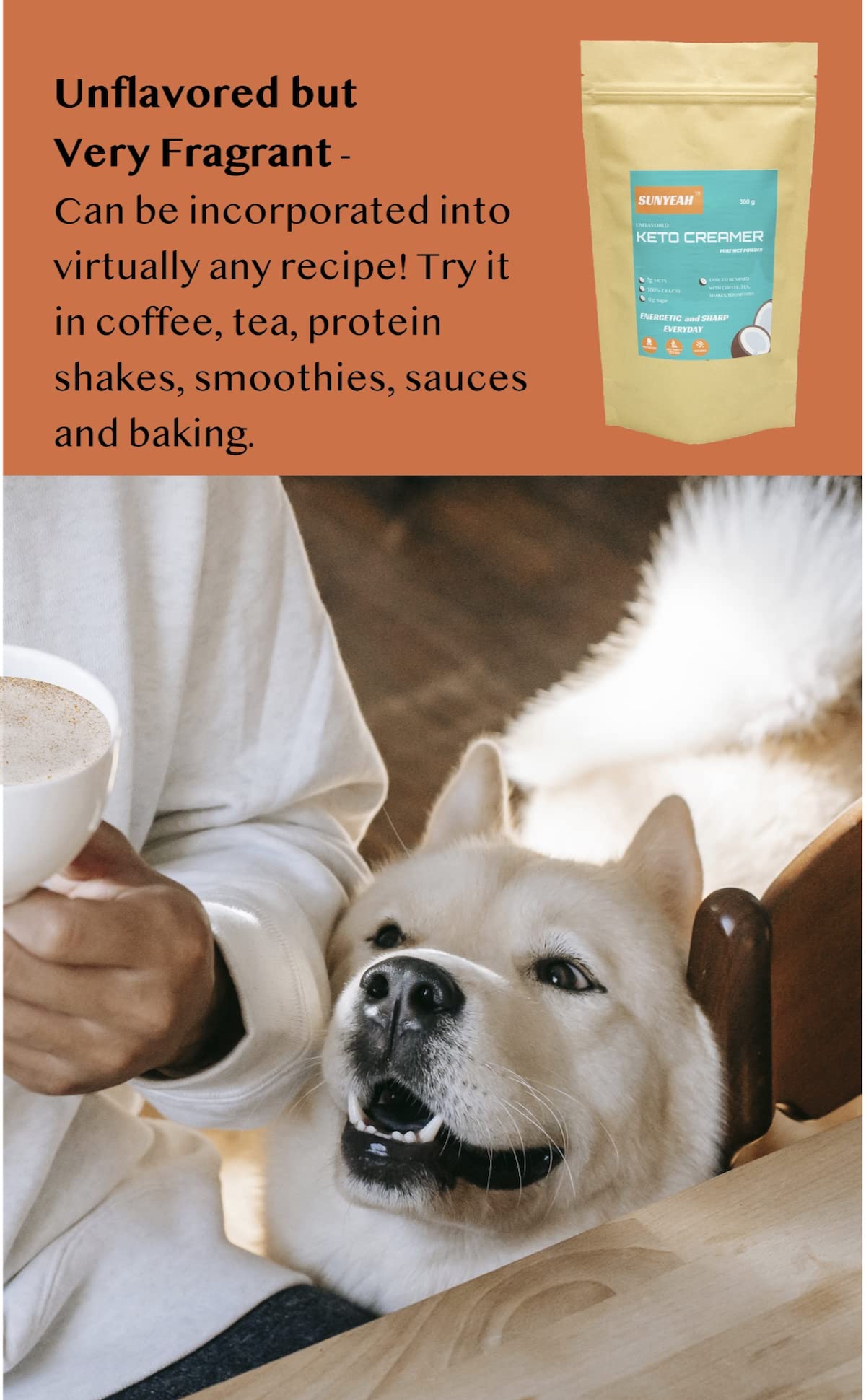 SUNYEAH MCT Powder - 70% MCT Oil Powder (C8/C10), Keto Coffee Creamer, 300 g, Unflavoured, Non-GMO