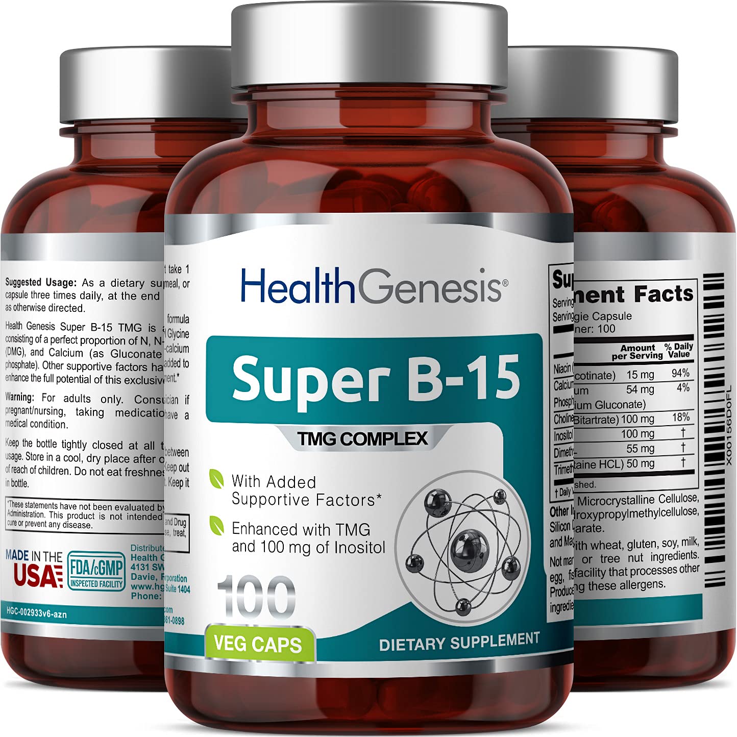 Super B-15 100 Vcaps - Niacin Calcium Choline Inositol DMG TMG - Supports Healthy Oxygen Energy Levels