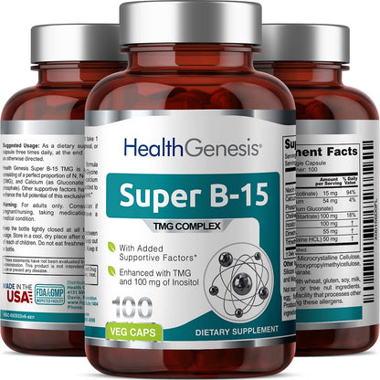 Super B-15 100 Vcaps - Niacin Calcium Choline Inositol DMG TMG - Supports Healthy Oxygen Energy Levels