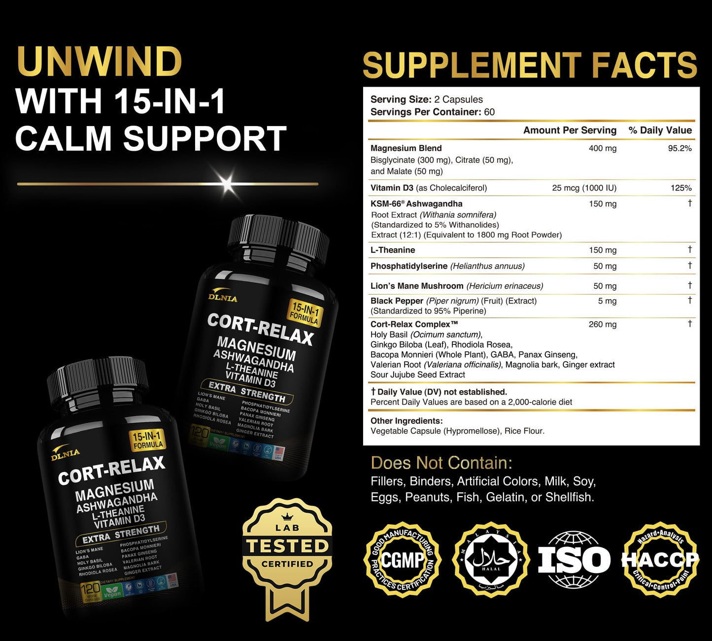 Super Calm Cortisol Support with Magnesium Bisglycinate | Ashwagandha KSM-66, L-Theanine | 120 Count