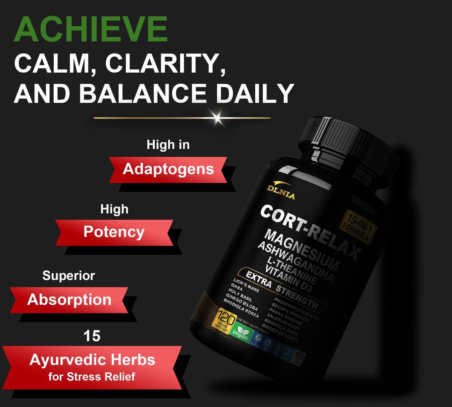 Super Calm Cortisol Support with Magnesium Bisglycinate | Ashwagandha KSM-66, L-Theanine | 120 Count