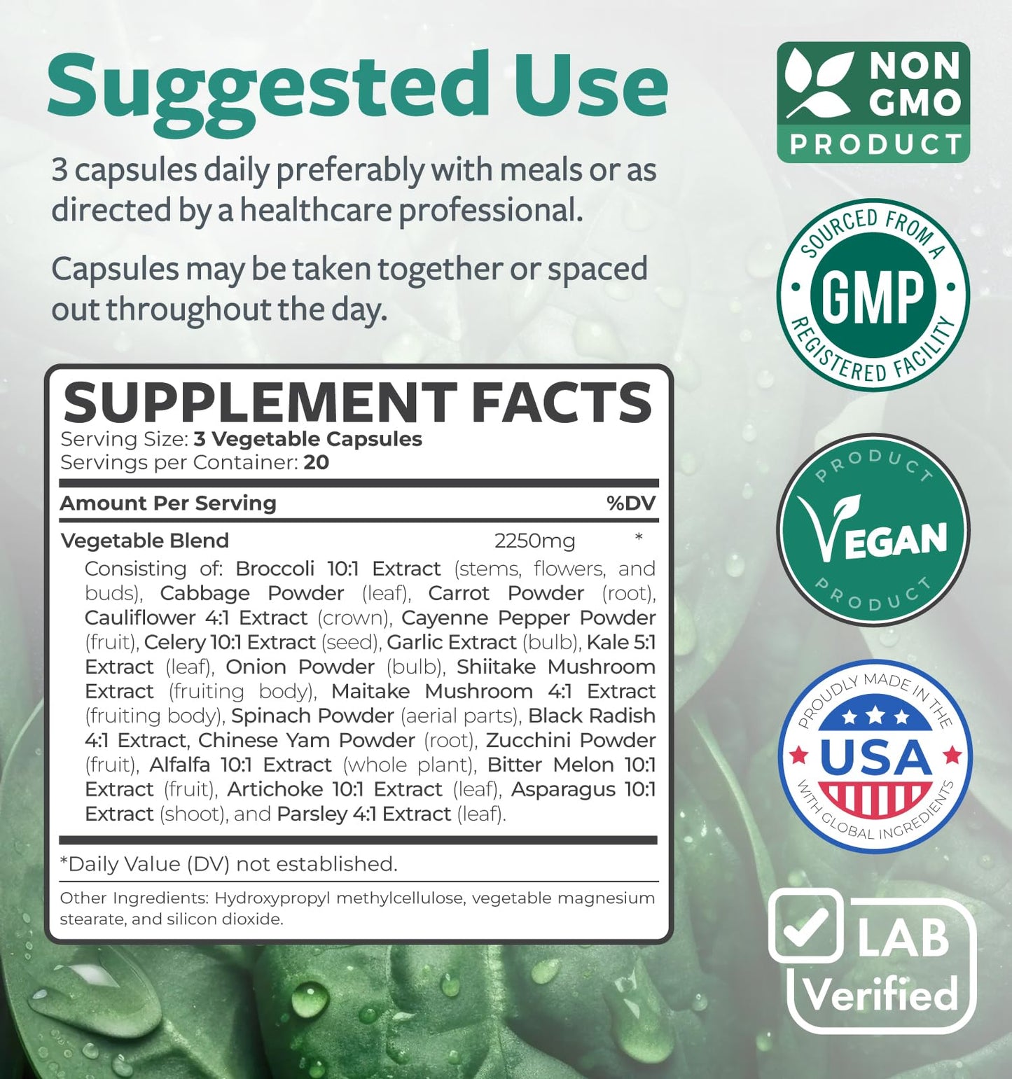 Super Greens Antioxidants 2250mg – 60 Capsules | Sprouts, Mushrooms, Roots & More | Vegan NON-GMO