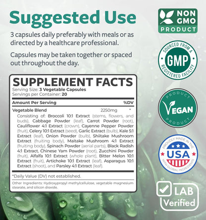 Super Greens Antioxidants 2250mg – 60 Capsules | Sprouts, Mushrooms, Roots & More | Vegan NON-GMO