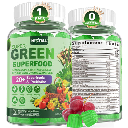 Super Greens Gummies – Spirulina & Chlorella with Probiotics & Prebiotic Fiber (60 Ct)