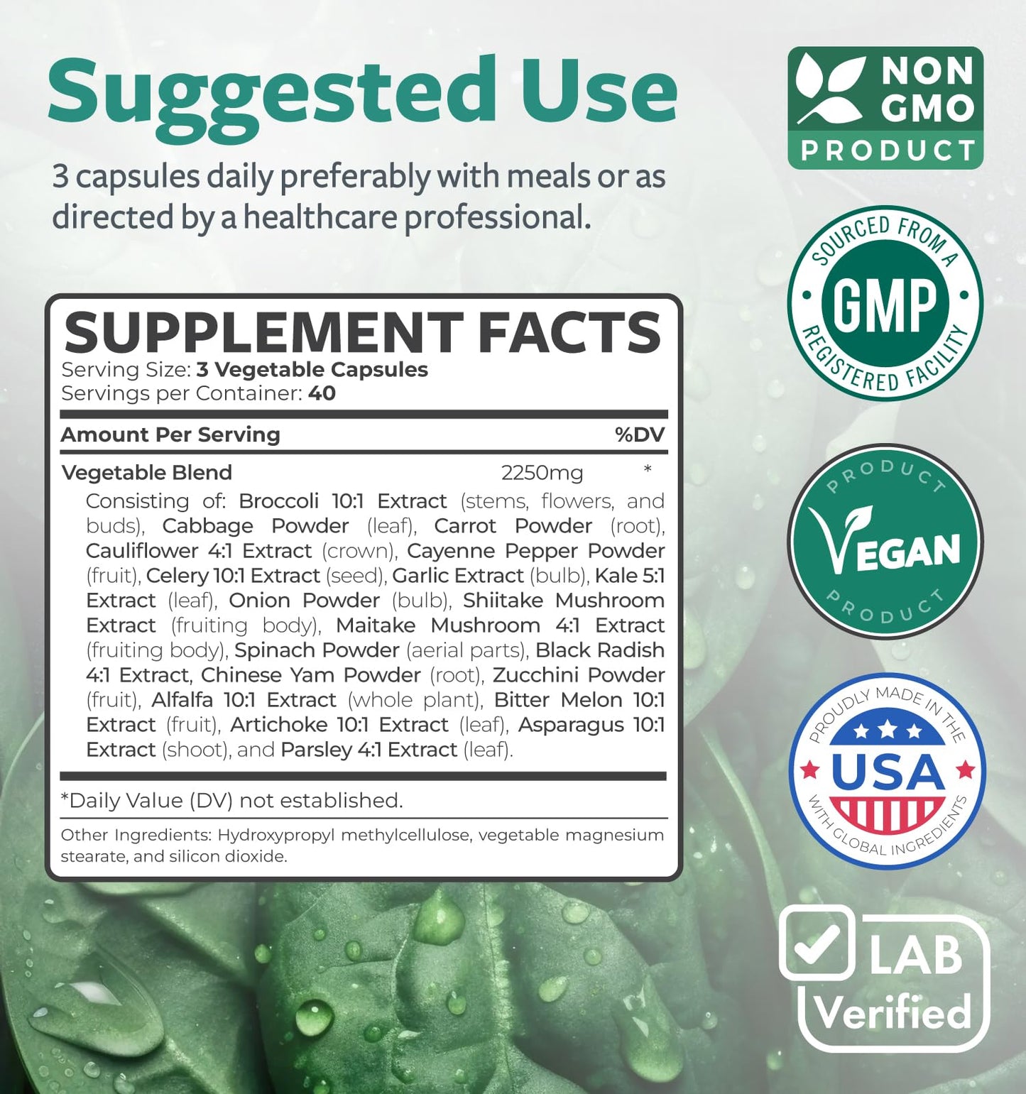 Super Greens Antioxidants Superfoods 2250mg – 20 Ingredients | NON-GMO, Vegan | 120 Capsules