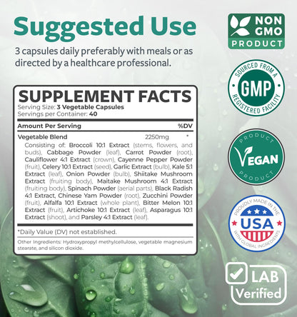 Super Greens Antioxidants Superfoods 2250mg – 20 Ingredients | NON-GMO, Vegan | 120 Capsules