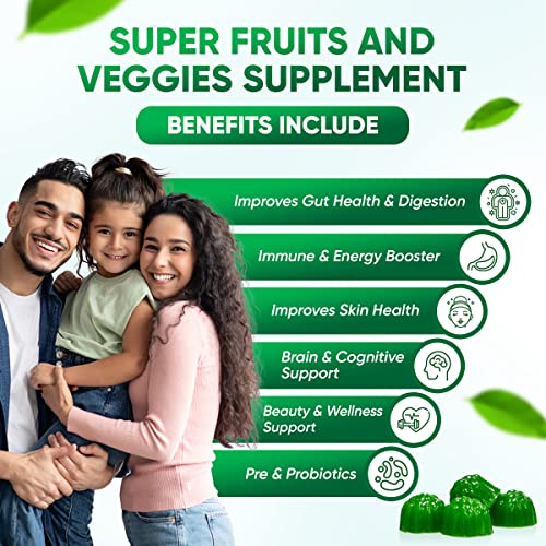 Sugar-Free Real Organic Fruits, Super Greens and Veggies Gummies | 35+ Nutritious & Healthy Greens, Fruits, and Vegetables for Improved Immunity, Skin Health & Energy Boost|60 Vegan Gummies