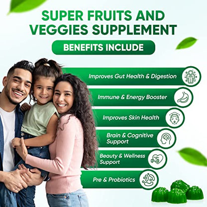 Sugar-Free Real Organic Fruits, Super Greens and Veggies Gummies | 35+ Nutritious & Healthy Greens, Fruits, and Vegetables for Improved Immunity, Skin Health & Energy Boost|60 Vegan Gummies