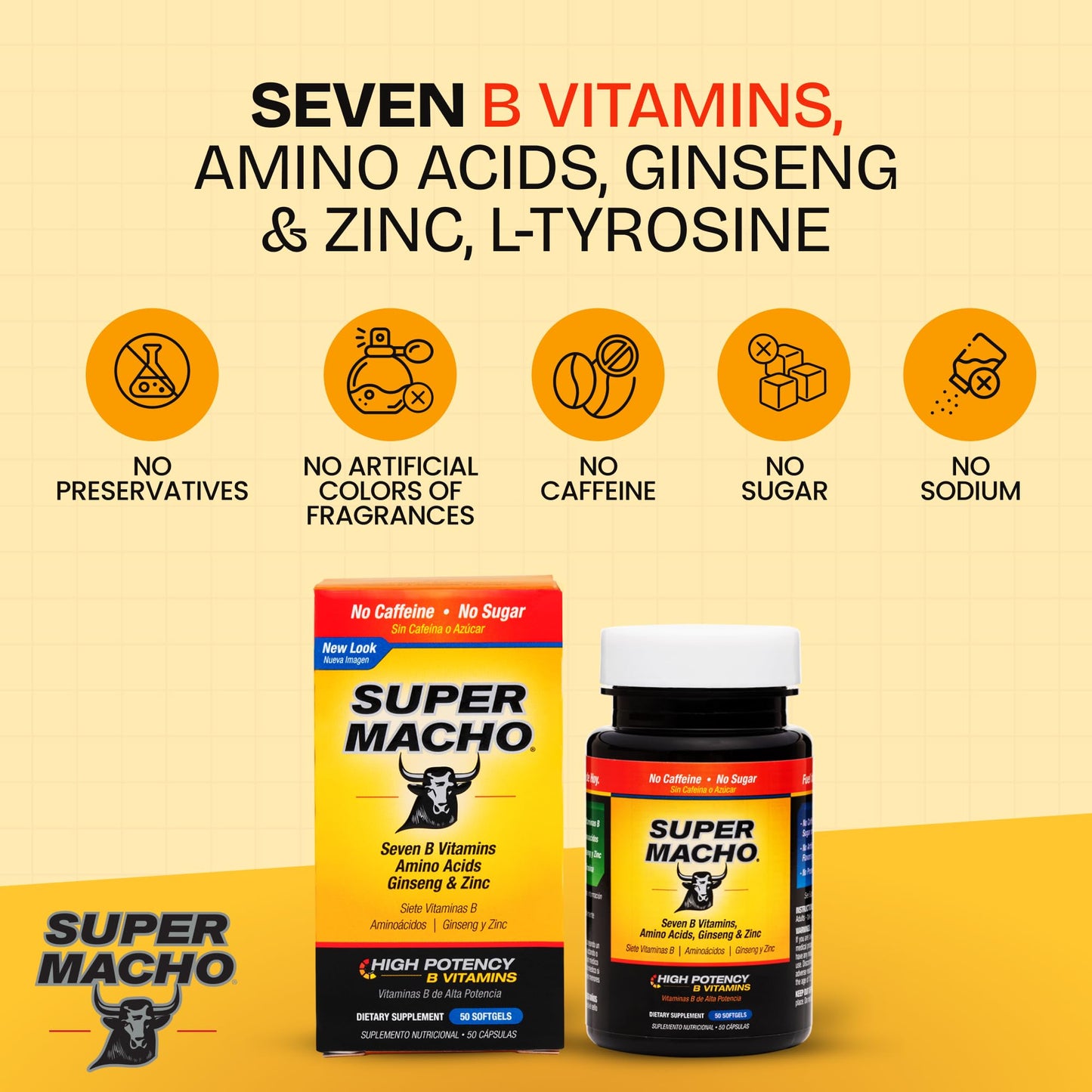 Super Macho, High Potency B Vitamins and Amino Acids, Fuel for Today's Active Men, No Caffeine, No Sugar, Dietary Supplement, Made in USA, 50 Softgels