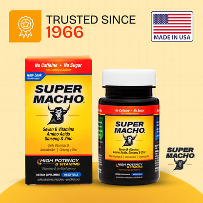 Super Macho, High Potency B Vitamins and Amino Acids, Fuel for Today's Active Men, No Caffeine, No Sugar, Dietary Supplement, Made in USA, 50 Softgels