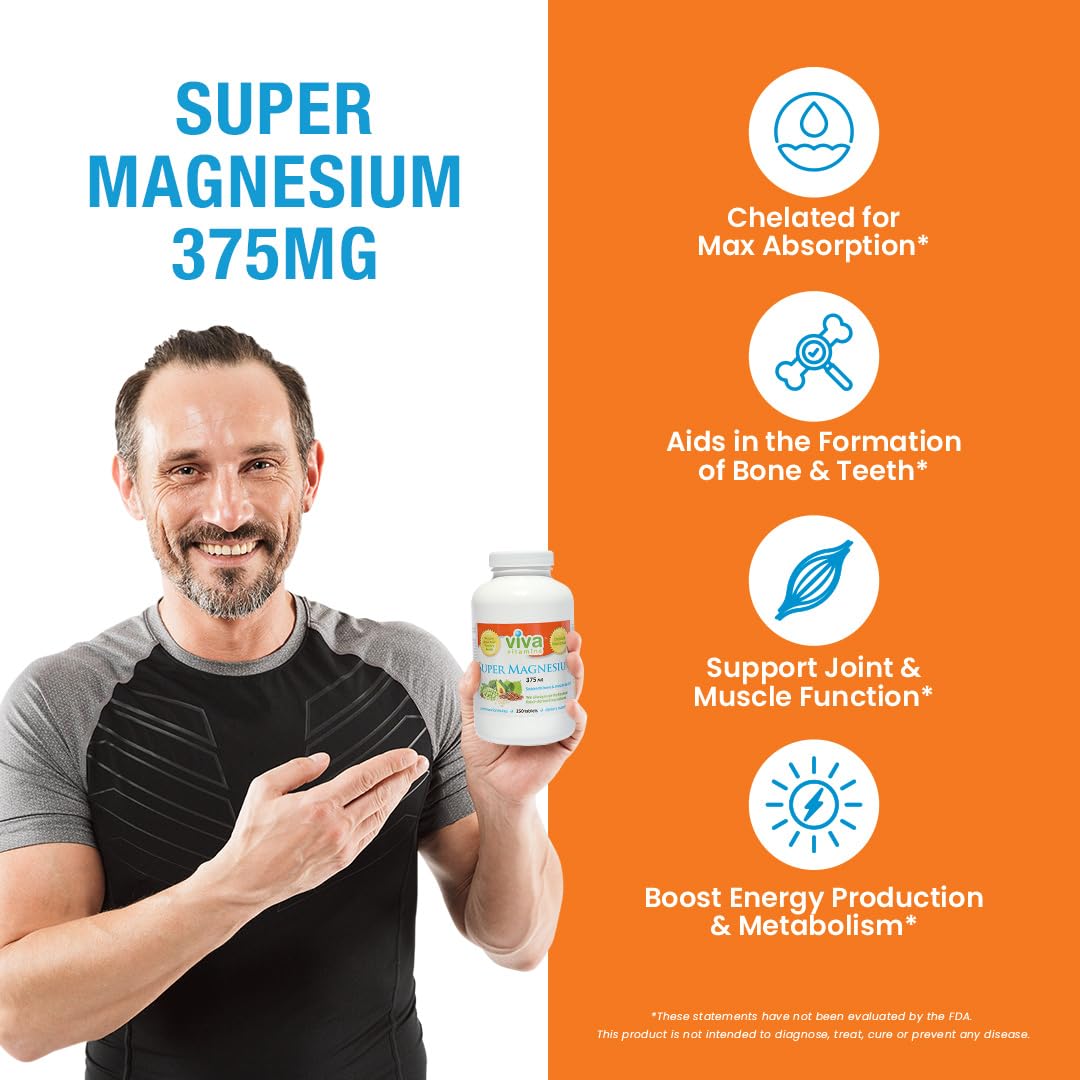 Super Magnesium Supplement – 5-Form Chelated Magnesium | Bone, Muscle & Nerve Support | Vegan & Non-GMO | 250 Tabs