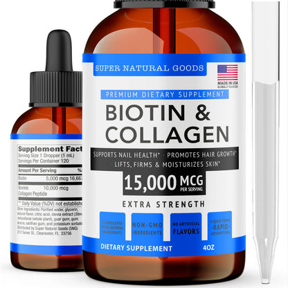Biotin & Collagen Vitamins for Hair, Skin, Nails – Made in USA | Non-GMO & Cruelty Free (4 oz, 15,000 mcg)
