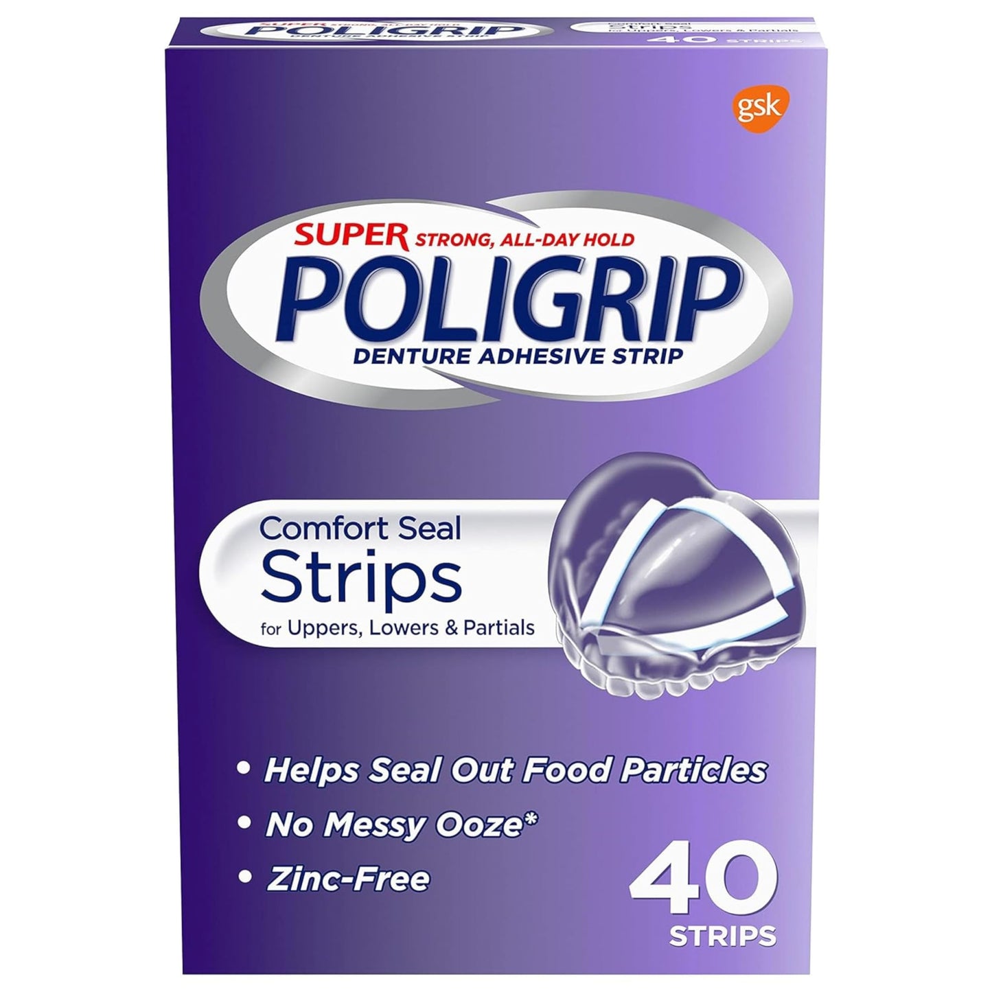 Super Poligrip Comfort Seal Denture Adhesive Strips, 40 Count (Pack of 5) – Zinc-Free, 12-Hour Hold