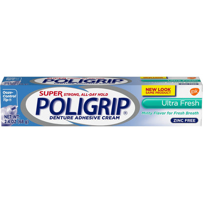 Super Poligrip Denture Adhesive Cream – Zinc Free, Minty Fresh (2.40 oz / 86 g)