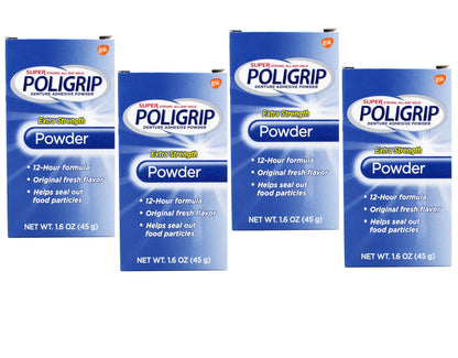Super Poligrip Denture Adhesive Powder 1.6 oz Pack of 4 | Extra Strength Hold
