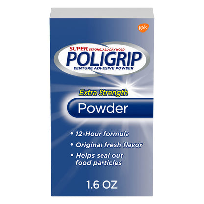 Super Poligrip Extra Strength Denture Adhesive Powder 1.6 oz | 12-Hour Hold (Zinc-Free)