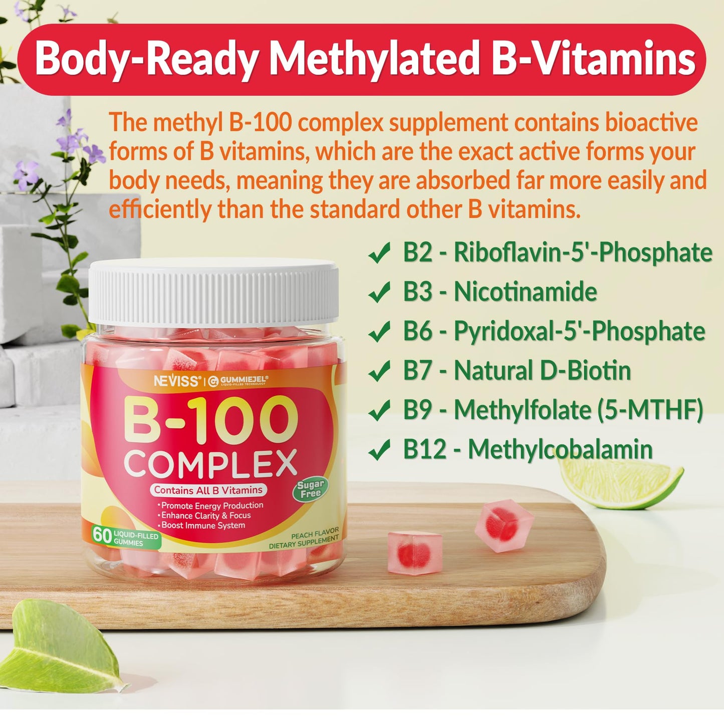 Super Vitamin B Complex Gummies - All B Vitamins Including Methyl B12, B1, B2, B3, B5, B6, Biotin, Methylfolate with Vitamin C, Choline, Inositol, PABA for Energy, Brain & Immune Support, Sugar Free