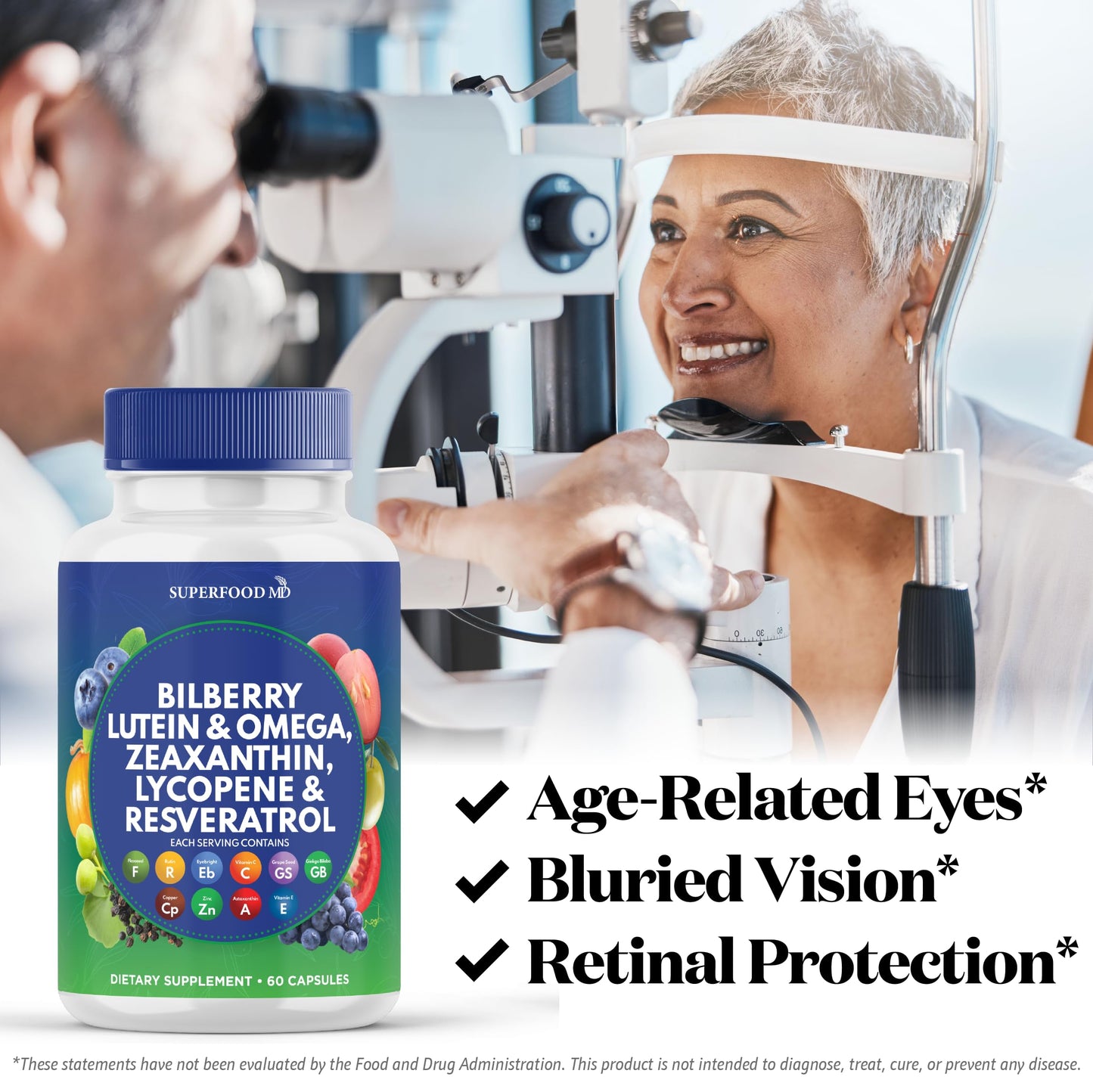Superfood MD Eye Health Vitamins AREDS2 Bilberry Lutein Zeaxanthin - 180 Capsules