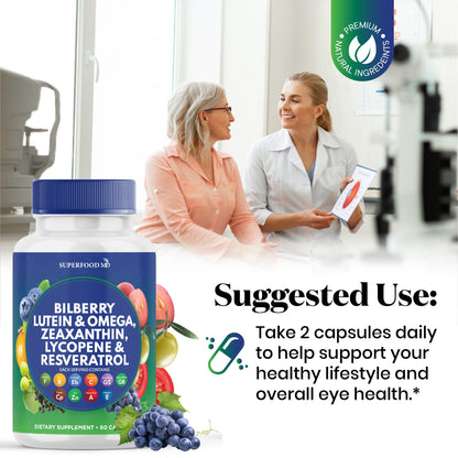 Superfood MD Eye Health Vitamins AREDS2 Bilberry Lutein Zeaxanthin - 180 Capsules