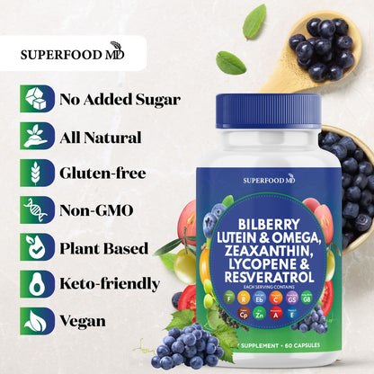 Superfood MD Eye Health Vitamins AREDS2 Bilberry Lutein Zeaxanthin - 180 Capsules