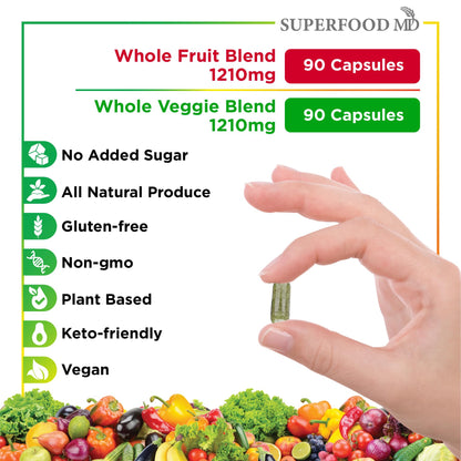 Superfood MD Fruits & Veggies Supplement - Whole Food Beta Carotene - Soy Free - 90 Count (Pack of 2)