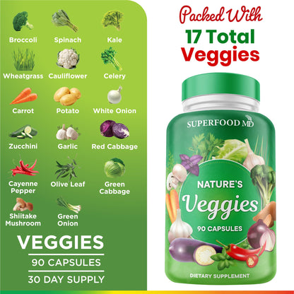 Superfood MD Veggies Supplement - 90 Veggie Capsules | Energy & Antioxidants | Soy Free