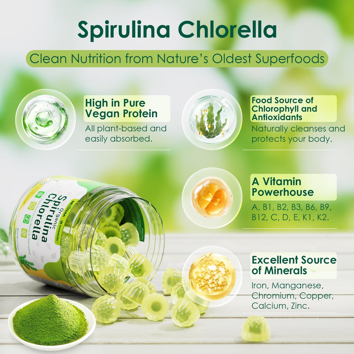 Organic Spirulina & Chlorella Gummies – Vegan Protein, Super Greens, Vitamins C & D3, Zinc & B12 | Sugar Free, 60 Count