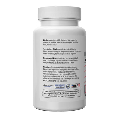 Superior Labs Biotin 5000 mcg Non-GMO – Hair, Nails & Lashes | 120 Veggie Caps