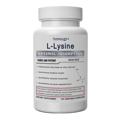 Superior Labs L-Lysine 500 mg Capsules – Third-Party Tested, Non-GMO, Gluten Free | 120 Caps