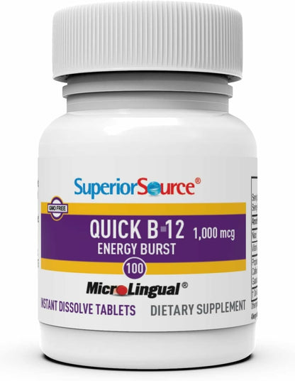 Superior Source B-12 1000 mcg Quick Energy Burst - MicroLingual Tablets (Pack of 2) - Non-GMO & Gluten-Free