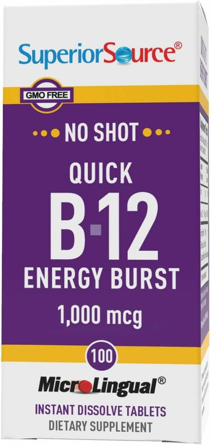 Superior Source B-12 1000 mcg Quick Energy Burst - MicroLingual Tablets (Pack of 2) - Non-GMO & Gluten-Free