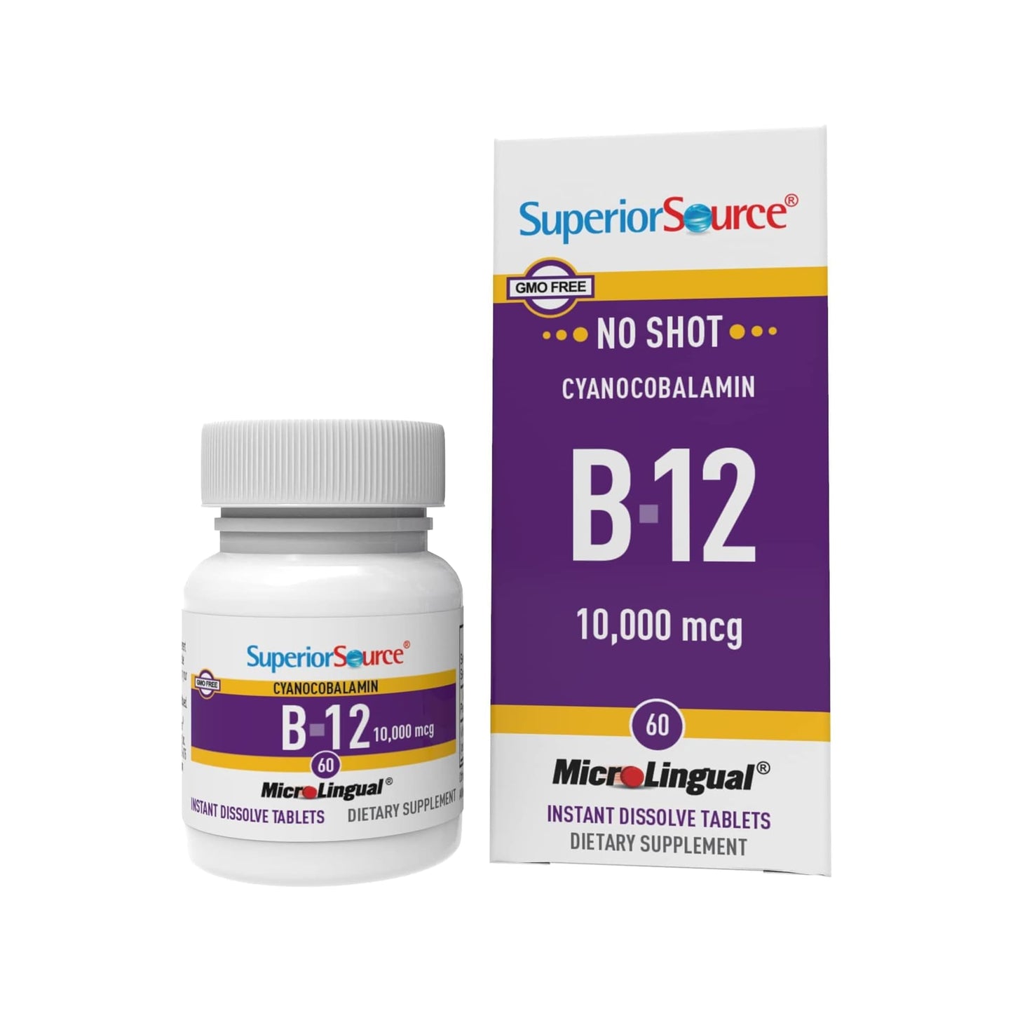 Superior Source No Shot Vitamin B-12 Cyanocobalamin 10000 mcg - Sublingual B-12 for Energy, Brain Health & Wellness - 60 Dissolvable Tablets