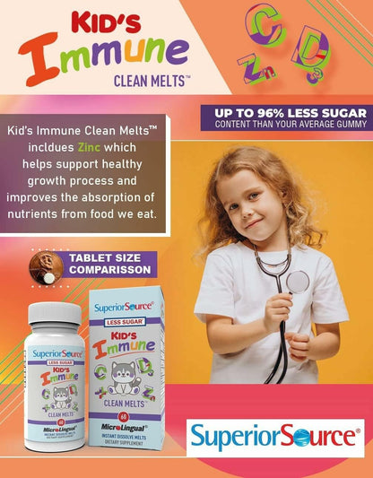 Superior Source Kid's Immune Clean Melts - Immunity Support (C, D3, Zinc, Elderberry) - Non-GMO & Gluten-Free