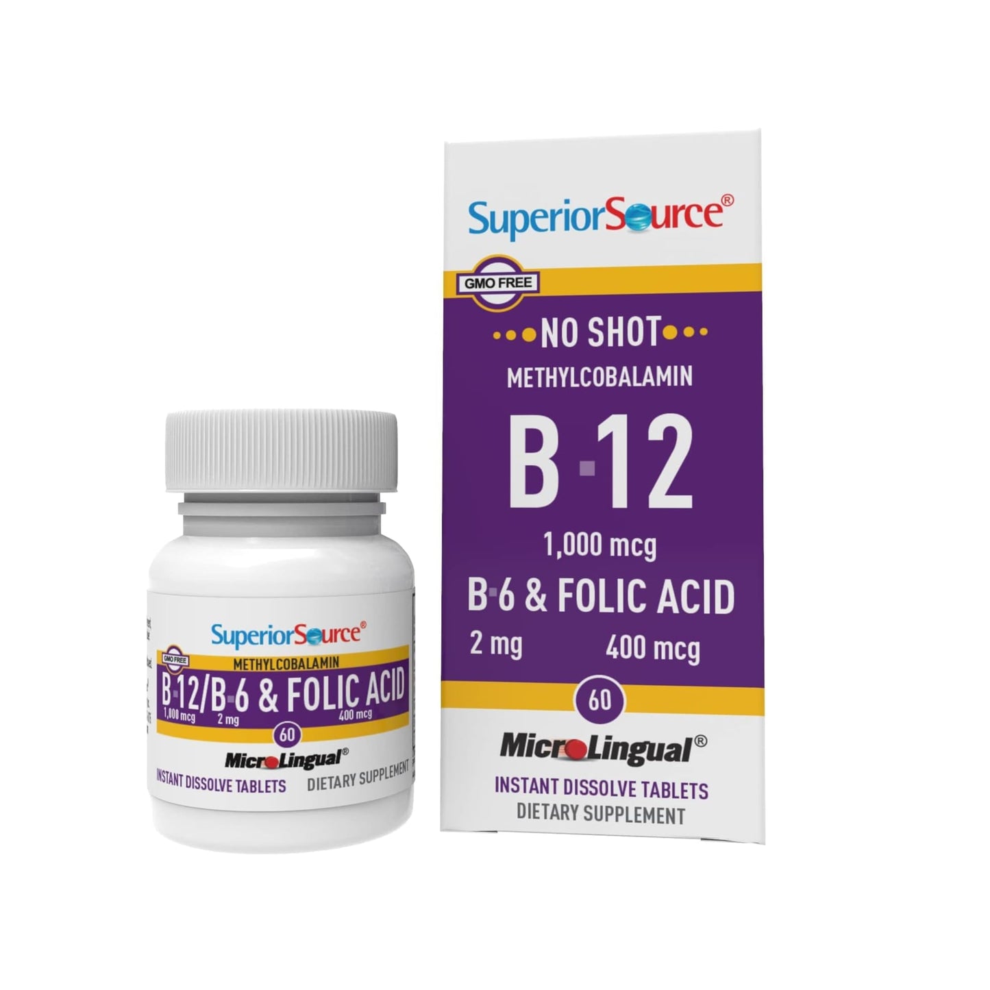 Superior Source No Shot B-12 1000mcg + B-6 & Folic Acid Sublingual Tablets (60)
