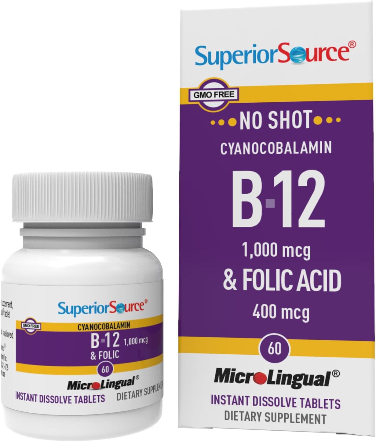 Superior Source No Shot B-12 Cyanocobalamin 1000 mcg + Folic Acid 400 mcg Sublingual Tablets – Energy, Brain & Stress Support