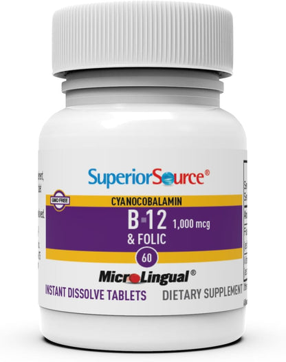 Superior Source No Shot B-12 Cyanocobalamin 1000 mcg + Folic Acid 400 mcg Sublingual Tablets – Energy, Brain & Stress Support