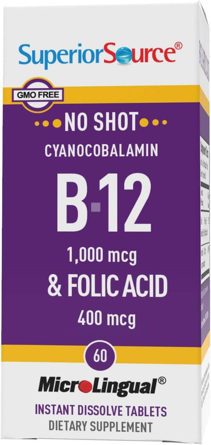 Superior Source No Shot B-12 Cyanocobalamin 1000 mcg + Folic Acid 400 mcg Sublingual Tablets – Energy, Brain & Stress Support