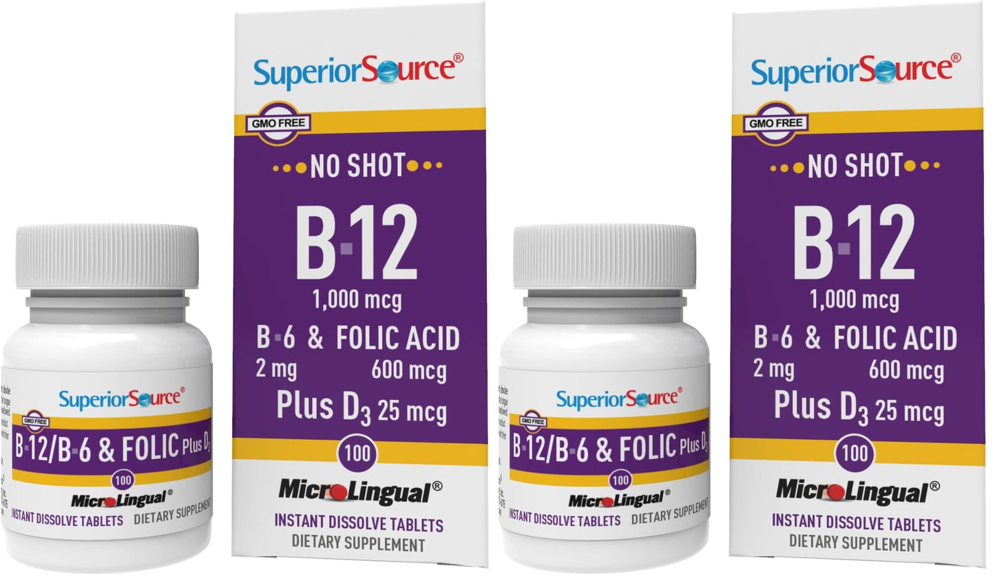 Superior Source No Shot B-12 1000 mcg + B-6, Folic Acid & D-3 1000 IU – Sublingual Tablets (Pack of 2)
