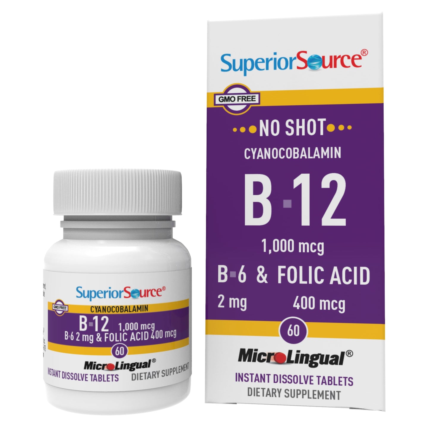 Superior Source No Shot B-12 Cyanocobalamin 1000 mcg + B-6 & Folic Acid 400 mcg – 60 Sublingual Tablets