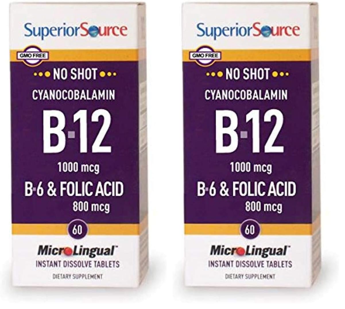 Superior Source No Shot B-12 1000 mcg + B-6 & Folic Acid 800 mcg – Sublingual Tablets, Pack of 2 (60 Tablets Per Bottle) – Supports Brain & Heart Health